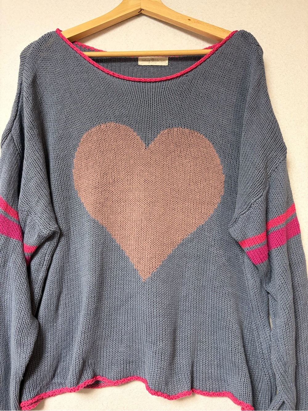 Natural Life Heart Knit Sweater Dusty Blue Pink Lightweight Pullover Size L/X - Picture 5 of 10